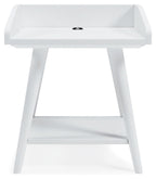 White accent table with open tray top, center hole, and lower shelf