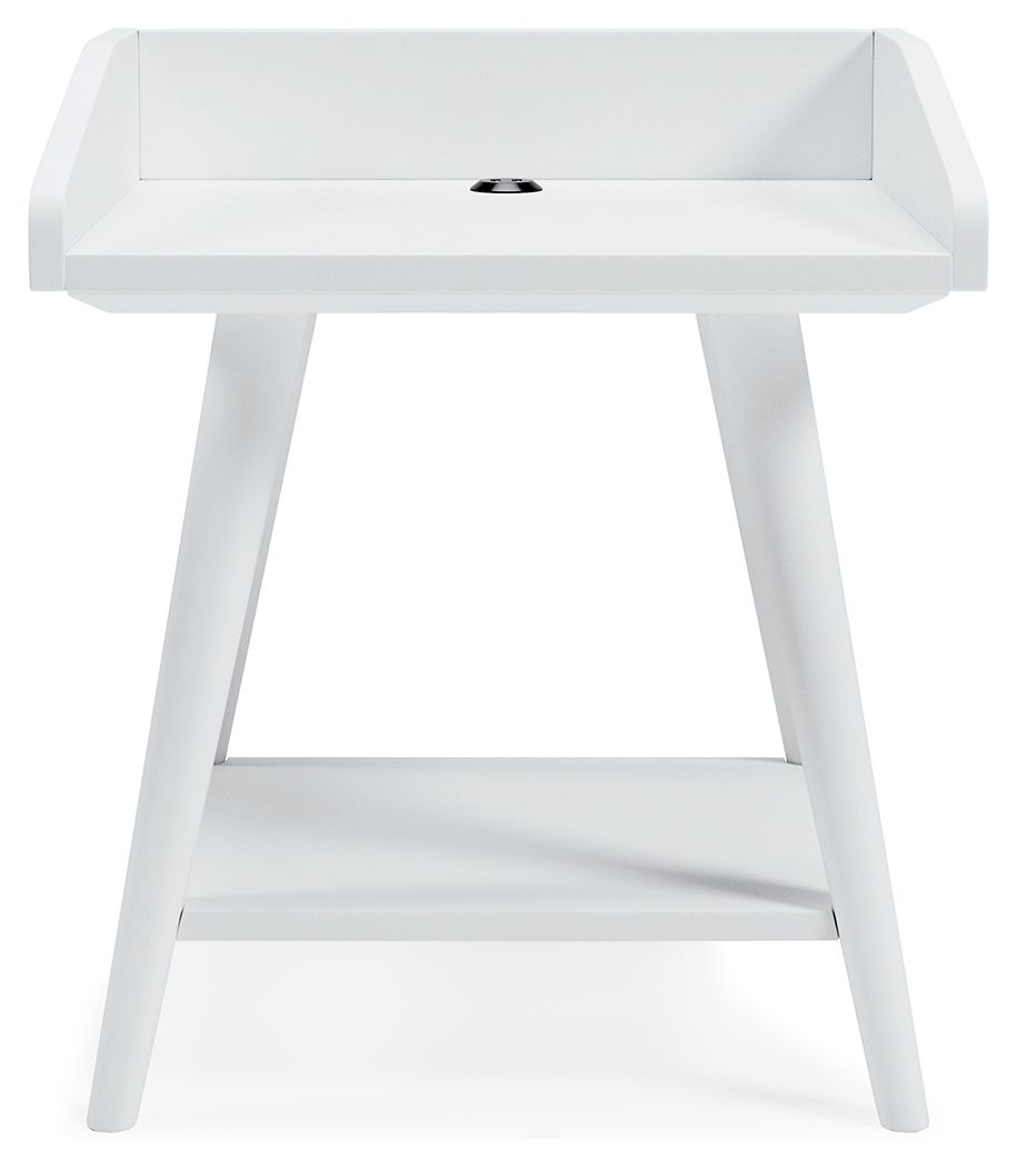 White accent table with open tray top, center hole, and lower shelf