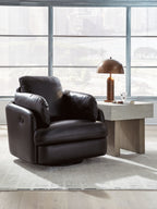 Black swivel glider recliner with wide seat, cushioned back, and side arms