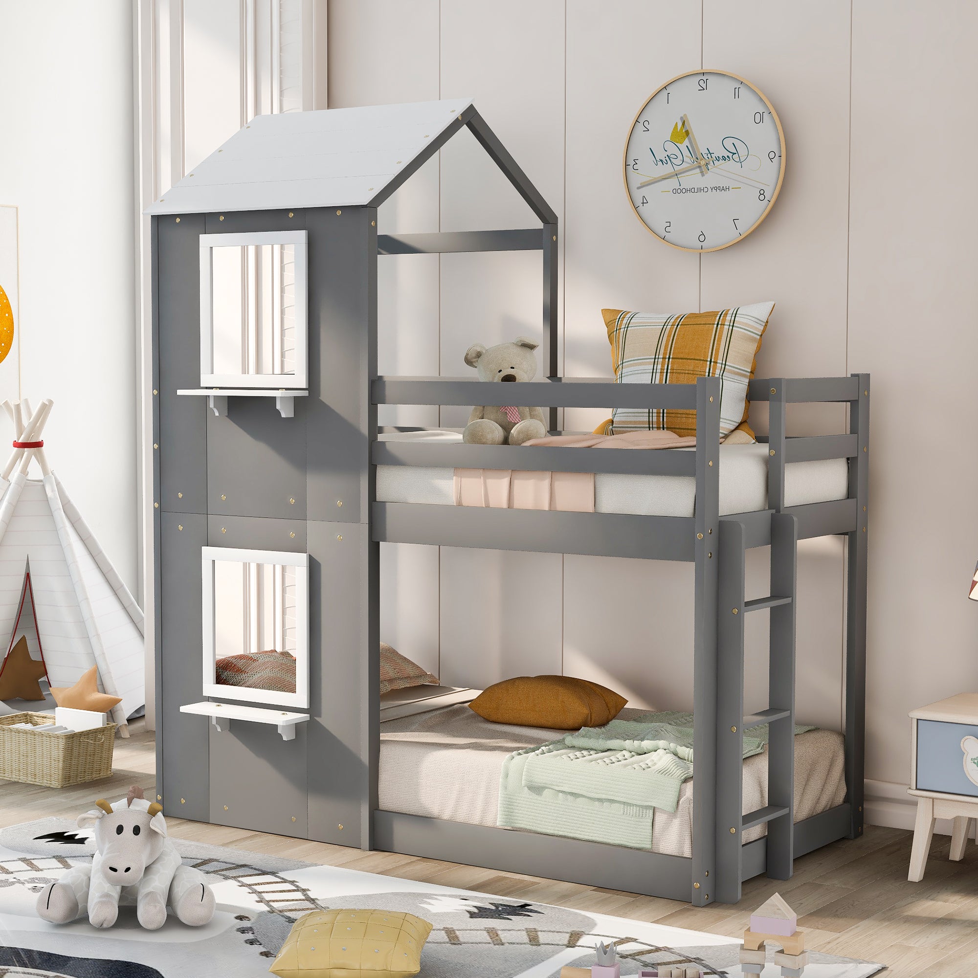 White Twin Over Twin Wood Bunk Bed w/ Roof, Window, Guardrail