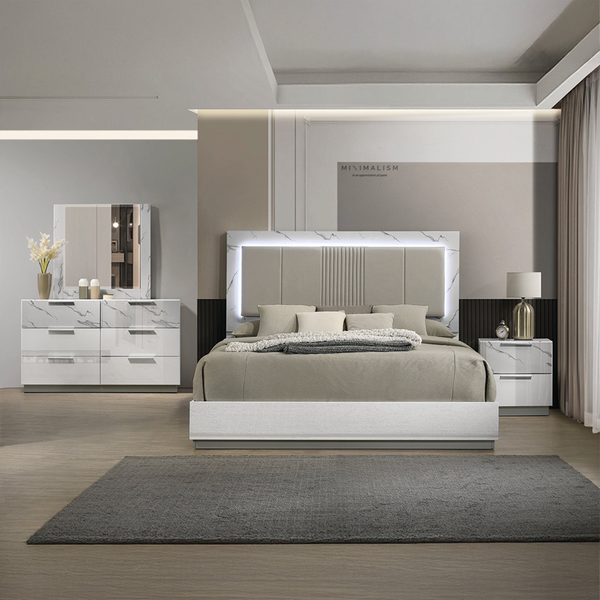 Mist Queen White 4-Piece High-Gloss Marble & Lacquer LED Set