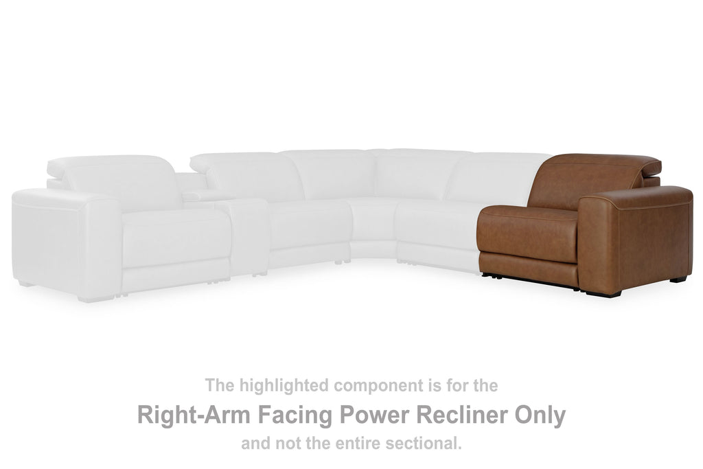 Caramel right-arm facing power recliner section with cushioned arm and back