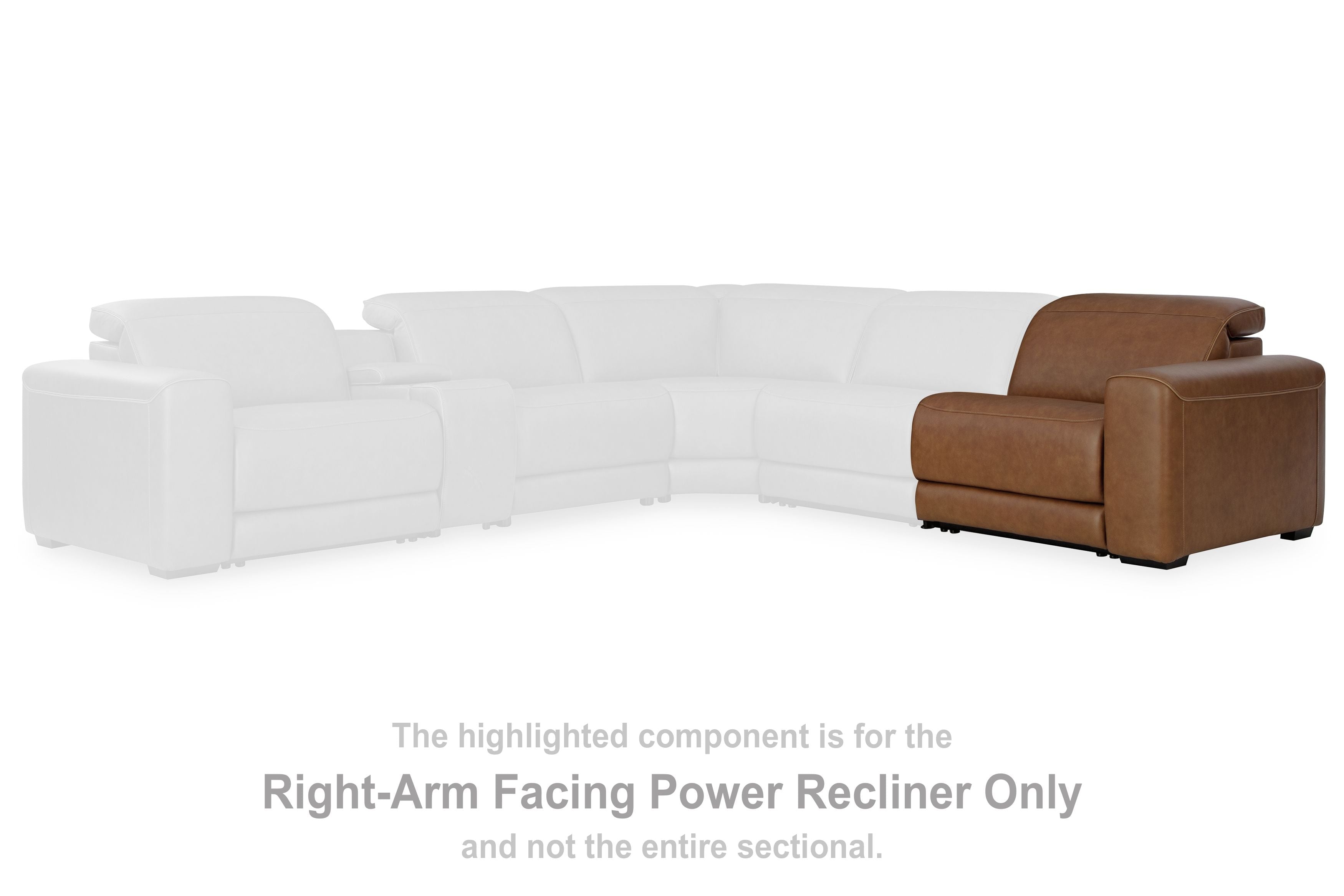 Caramel right-arm facing power recliner section with cushioned arm and back