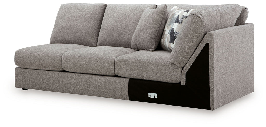 Smoke armless loveseat with wedge and wide side panel, gray fabric, black base and legs