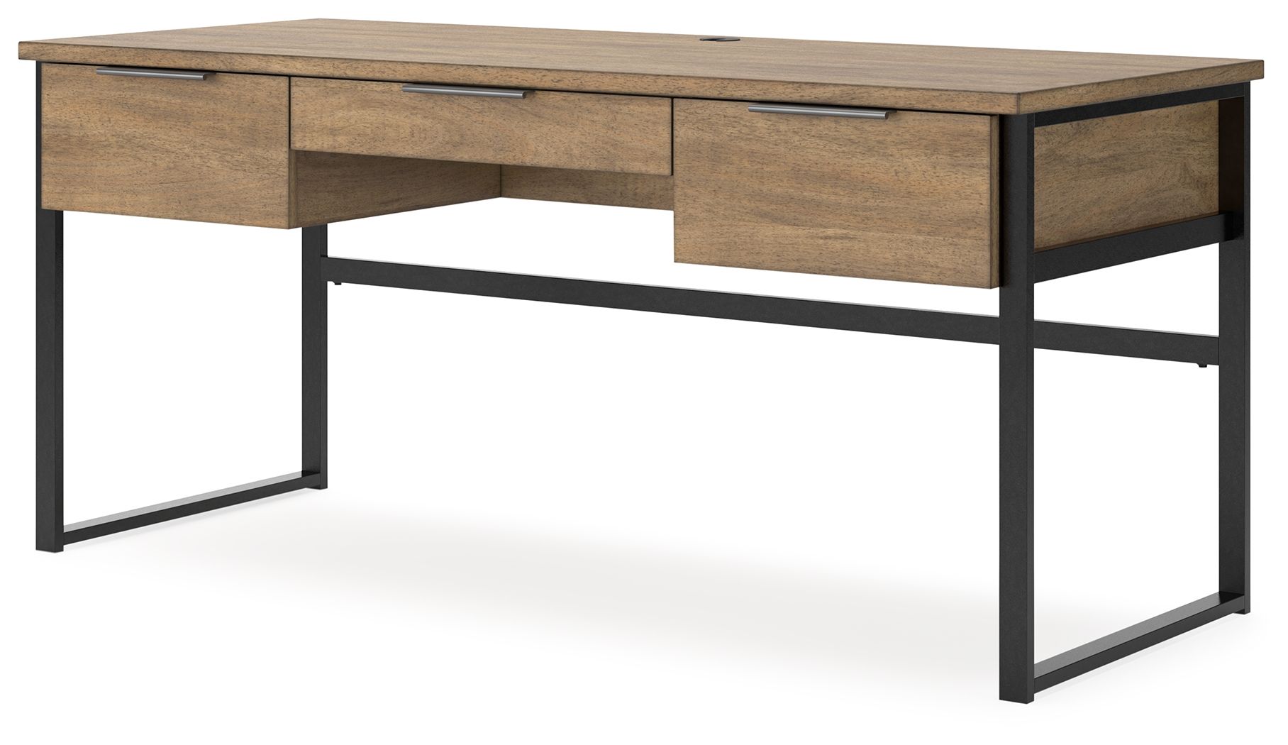 Light brown home office desk with two side drawers, central cutout, and black metal legs