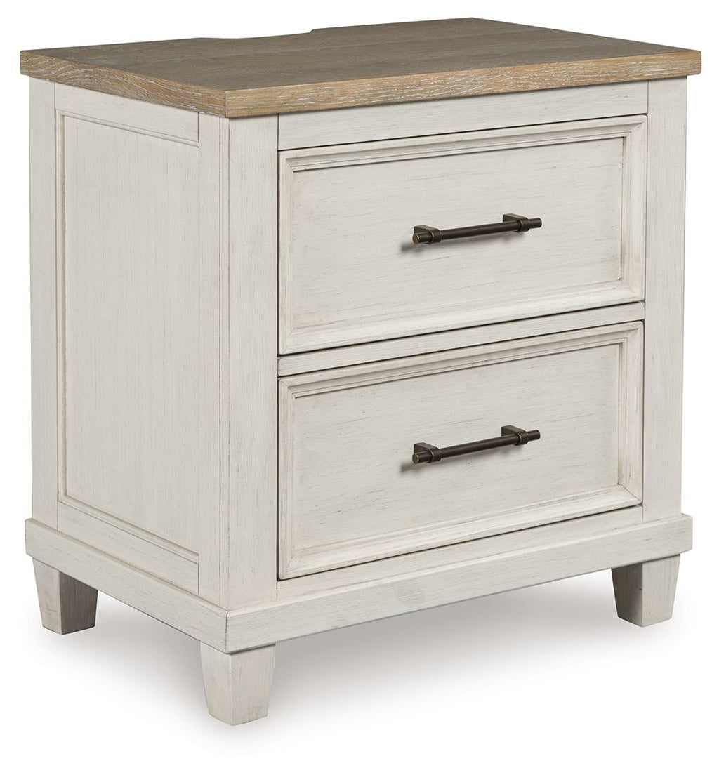 Antique white two-drawer night stand with dark bronze pulls and wood top