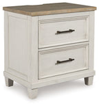 Antique white two-drawer night stand with dark bronze pulls and wood top
