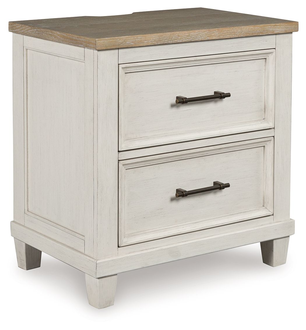 Antique white two-drawer night stand with dark bronze pulls and wood top