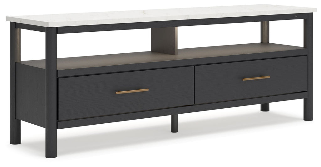 Black TV stand with two drawers, open shelf, and brass-tone bar handles