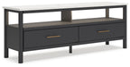 Black TV stand with two drawers, open shelf, and brass-tone bar handles