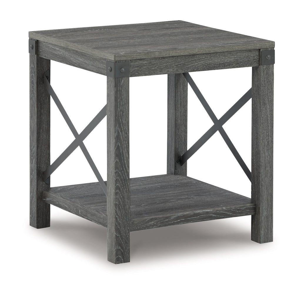Grayish brown end table with X-style side braces and two open shelves