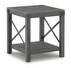 Grayish brown end table with X-style side braces and two open shelves