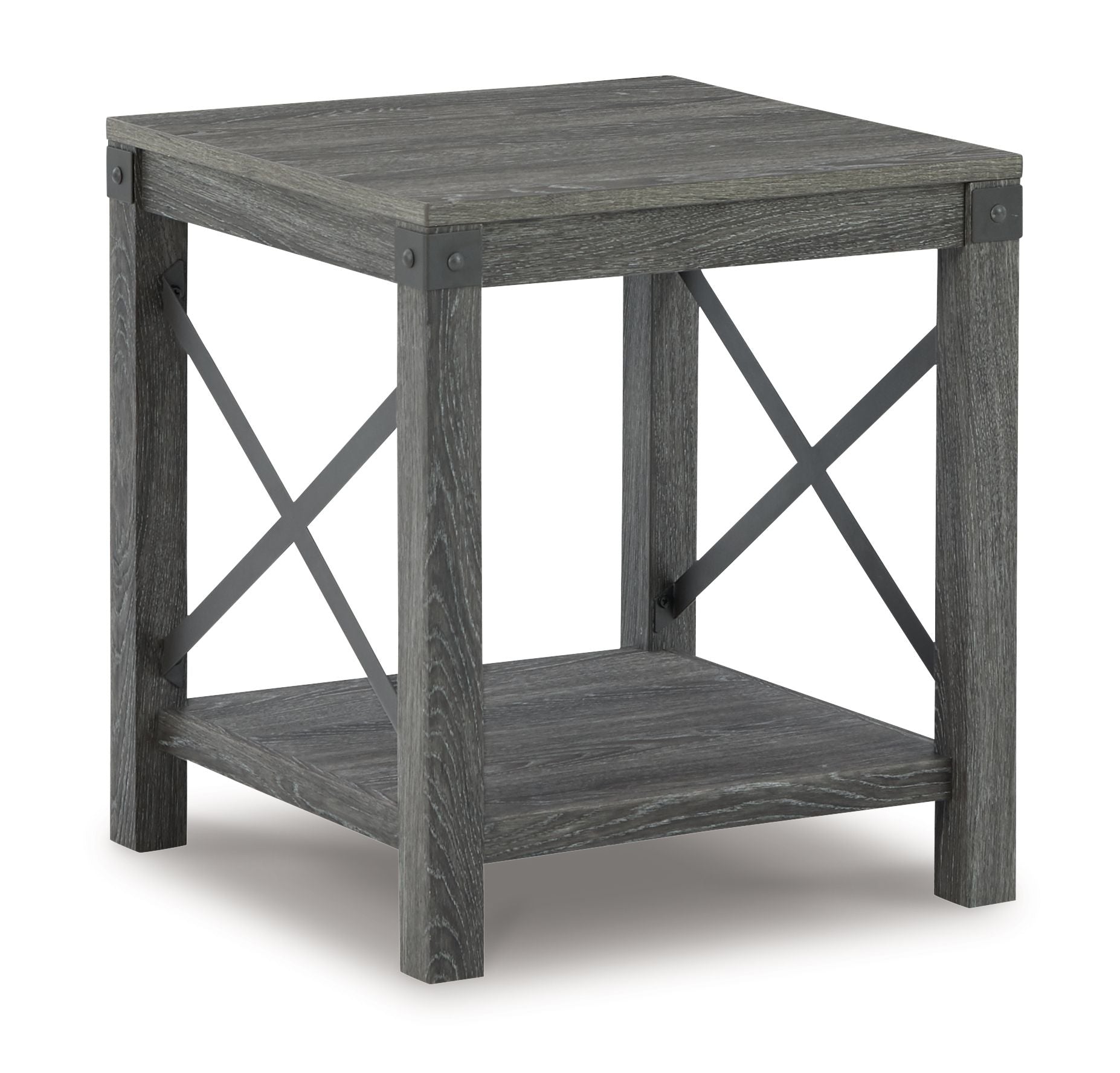 Grayish brown end table with X-style side braces and two open shelves
