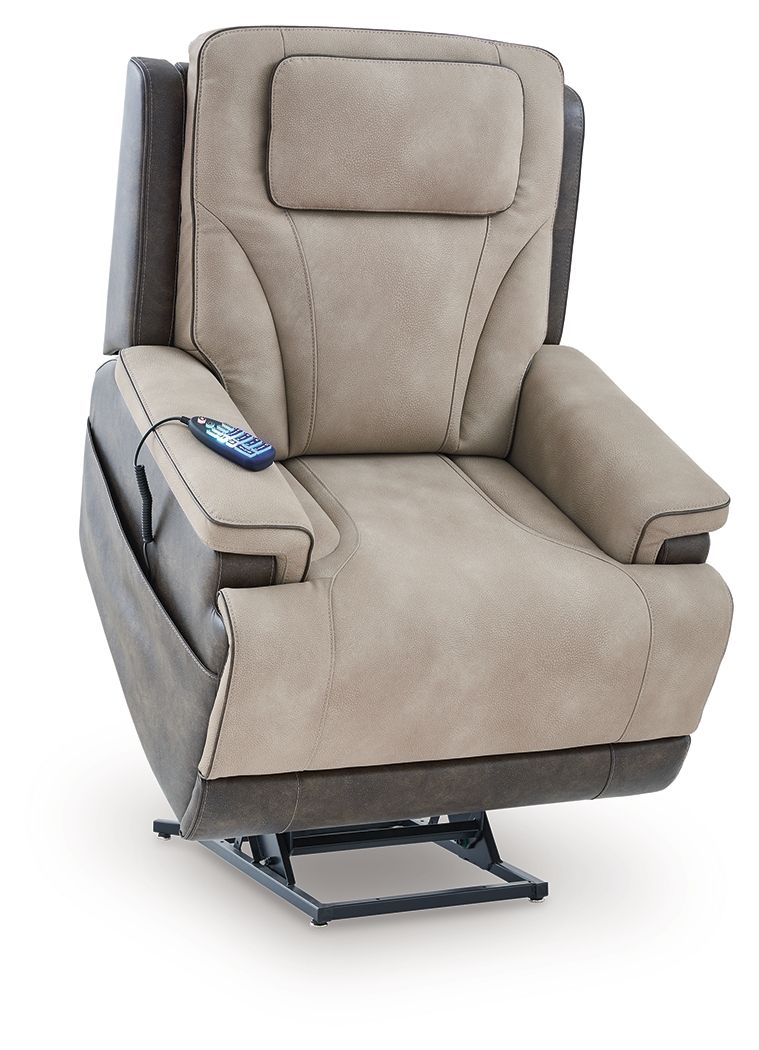 Sand lift recliner with tall backrest, padded arm panels, and visible platform base