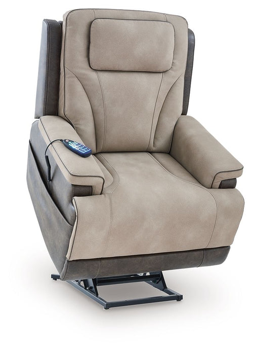 Sand lift recliner with tall backrest, padded arm panels, and visible platform base