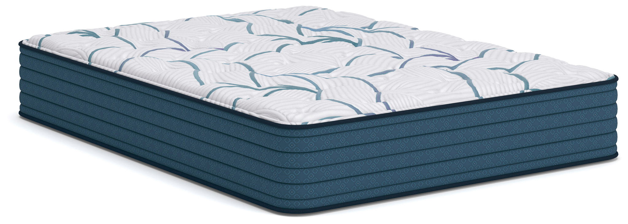 White quilted mattress with blue side panels and light blue wave pattern top