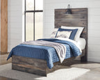 Panel bed with slatted headboard and dark wood frame, blue and white bedding
