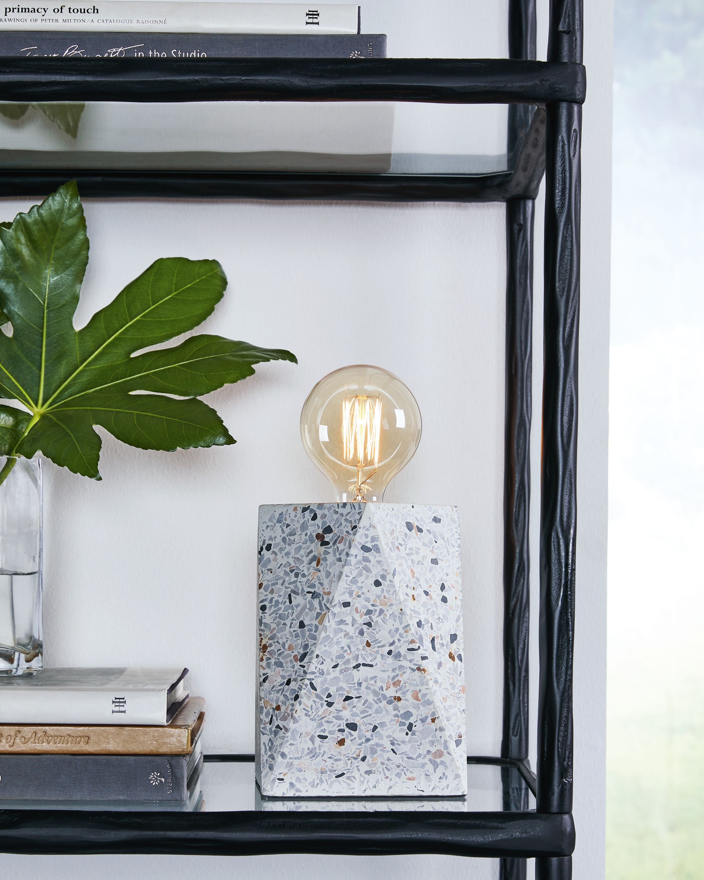 Terrazzo concrete table lamp with round bulb on white square base