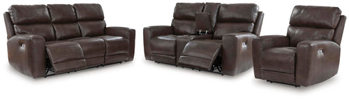 Dark brown reclining living room set with sofa, loveseat, and two recliner chairs