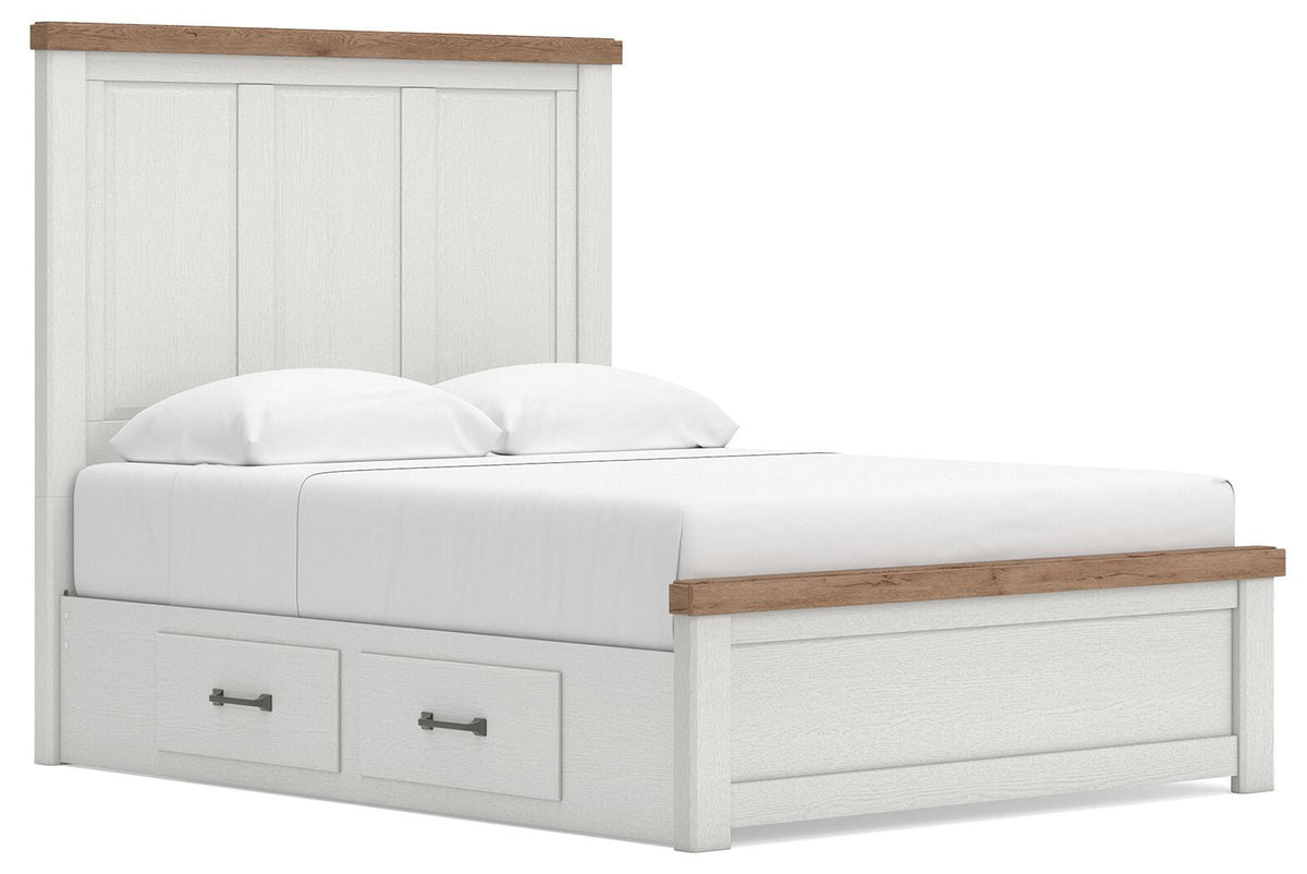 White upholstered storage bed with drawer storage on the front base