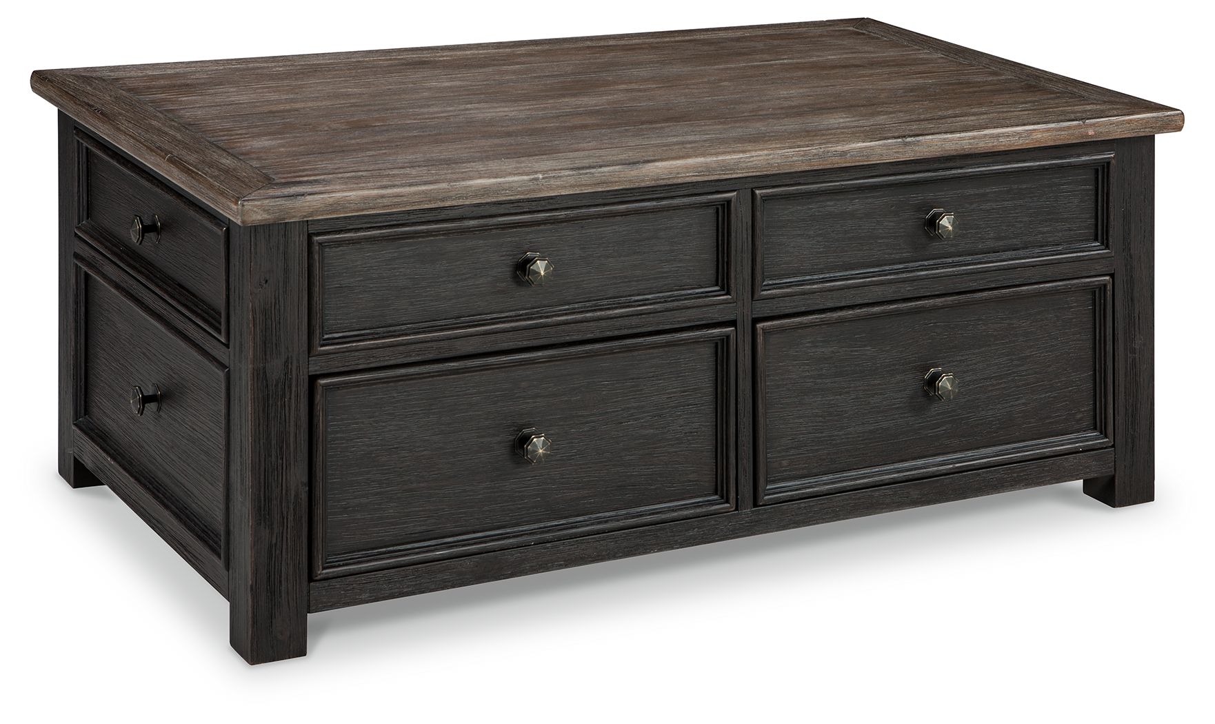 Grayish-brown lift-top cocktail table with four drawers, dark handles, and lift-up top.