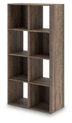 Dark brown cube organizer with open square cubbies and wood-grain finish
