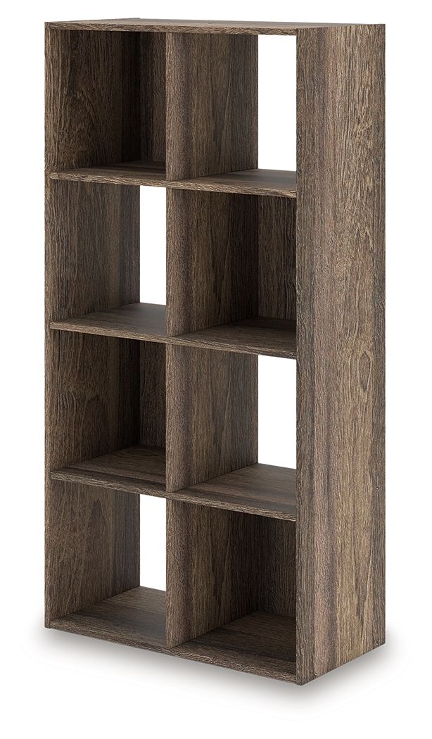Dark brown cube organizer with open square cubbies and wood-grain finish