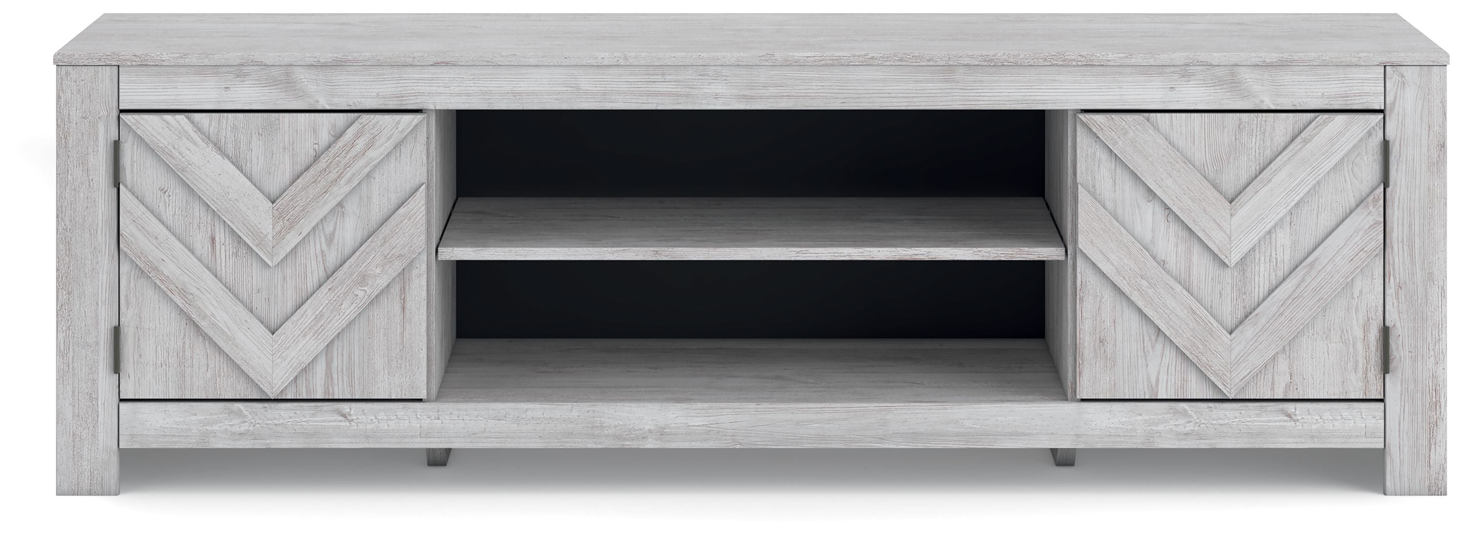 Light gray TV stand with chevron cabinet doors and open center compartment