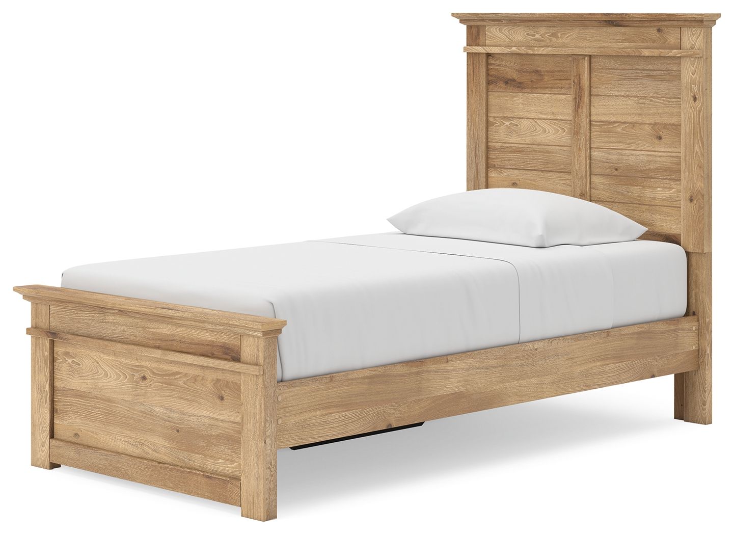 Light brown panel storage bed frame with white mattress and footboard rail details.