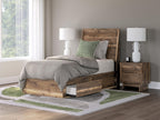 Dark brown panel bed with storage drawers, white bedding and pillows