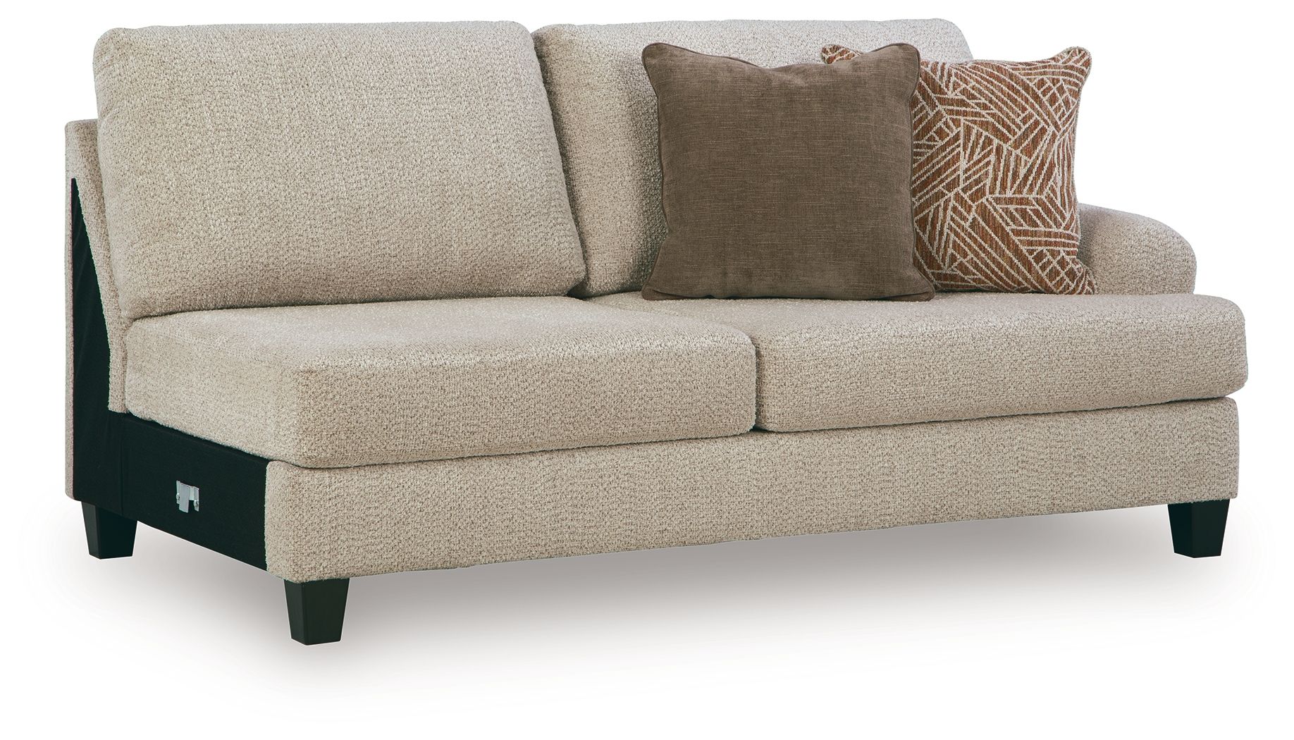 Light beige upholstered sofa with dark legs, two seat cushions, and back pillows