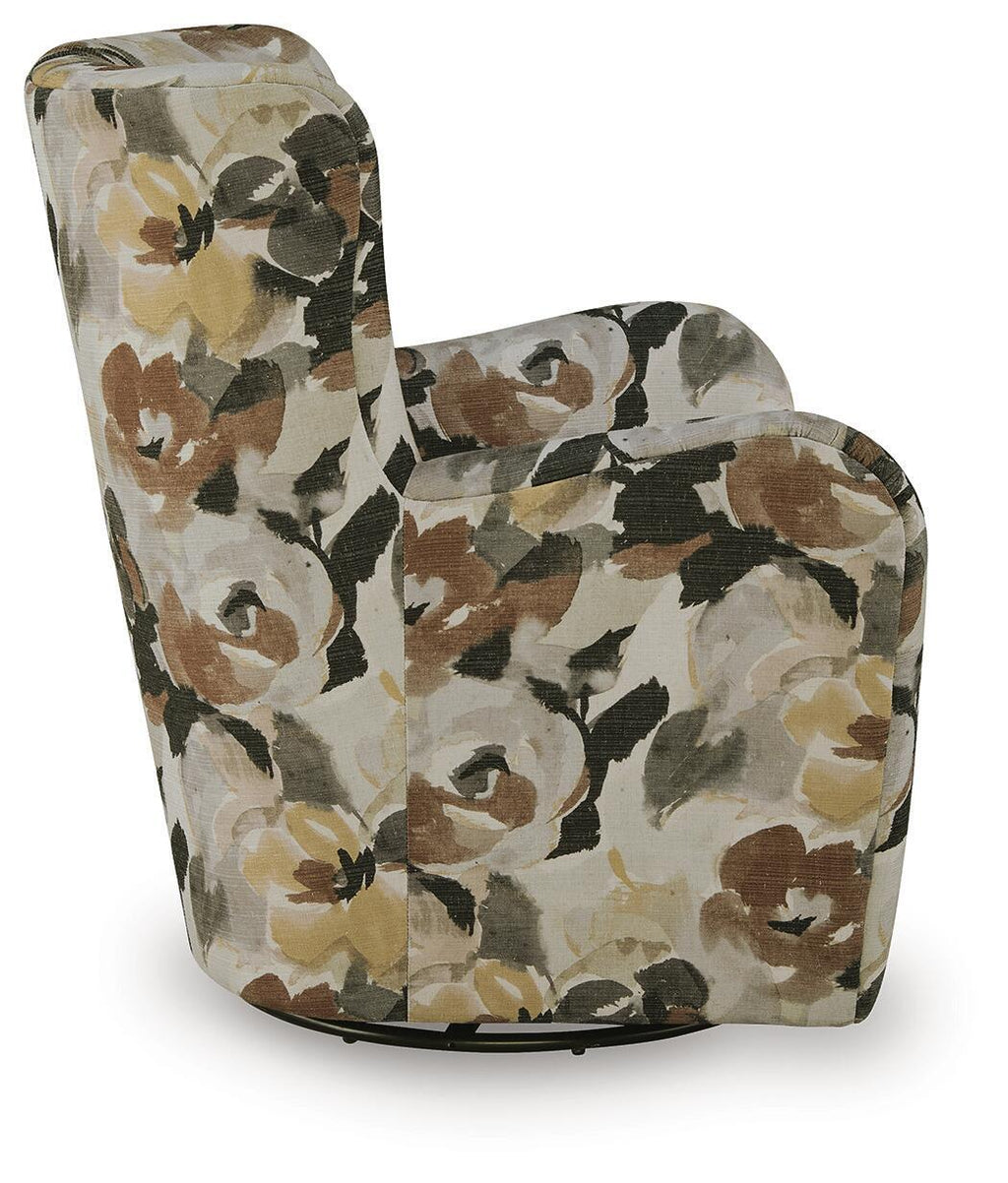 Floral swivel accent chair with rounded arms; beige fabric with dark brown and black flowers