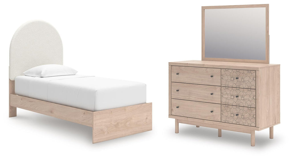 Beige upholstered panel bed set with wood frame and arched headboard