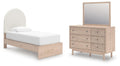 Beige upholstered panel bed set with wood frame and arched headboard