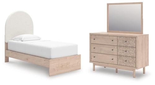 Beige upholstered panel bed set with wood frame and arched headboard