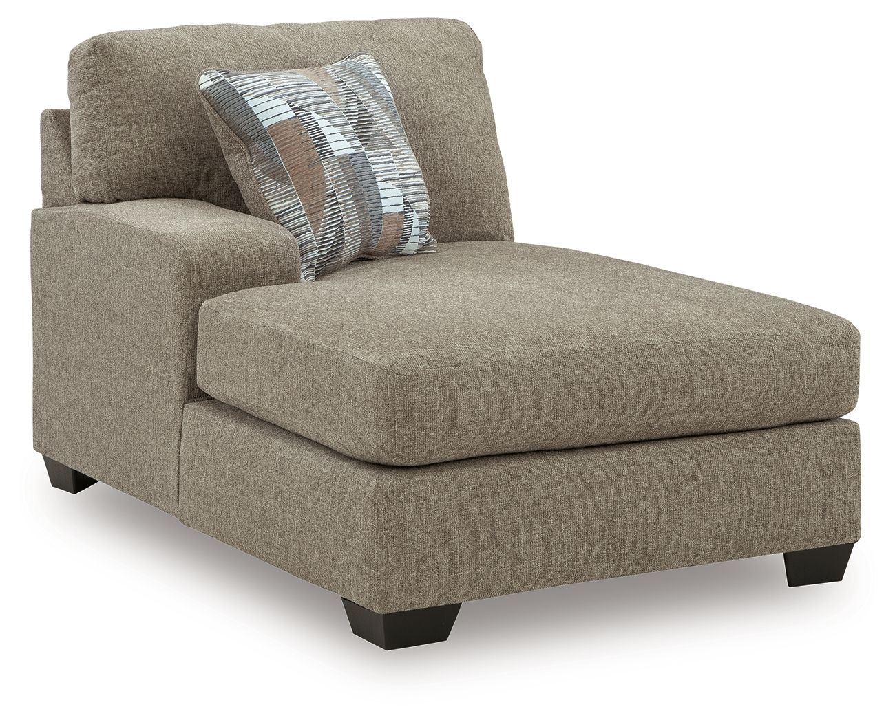 Beige corner chaise with upholstered seat and backrest, square arm and dark legs.