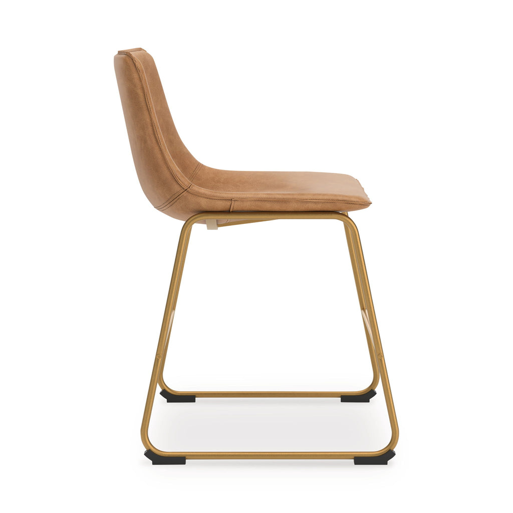 Dining side chair with tan upholstered back and seat, gold metal sled base