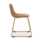 Dining side chair with tan upholstered back and seat, gold metal sled base