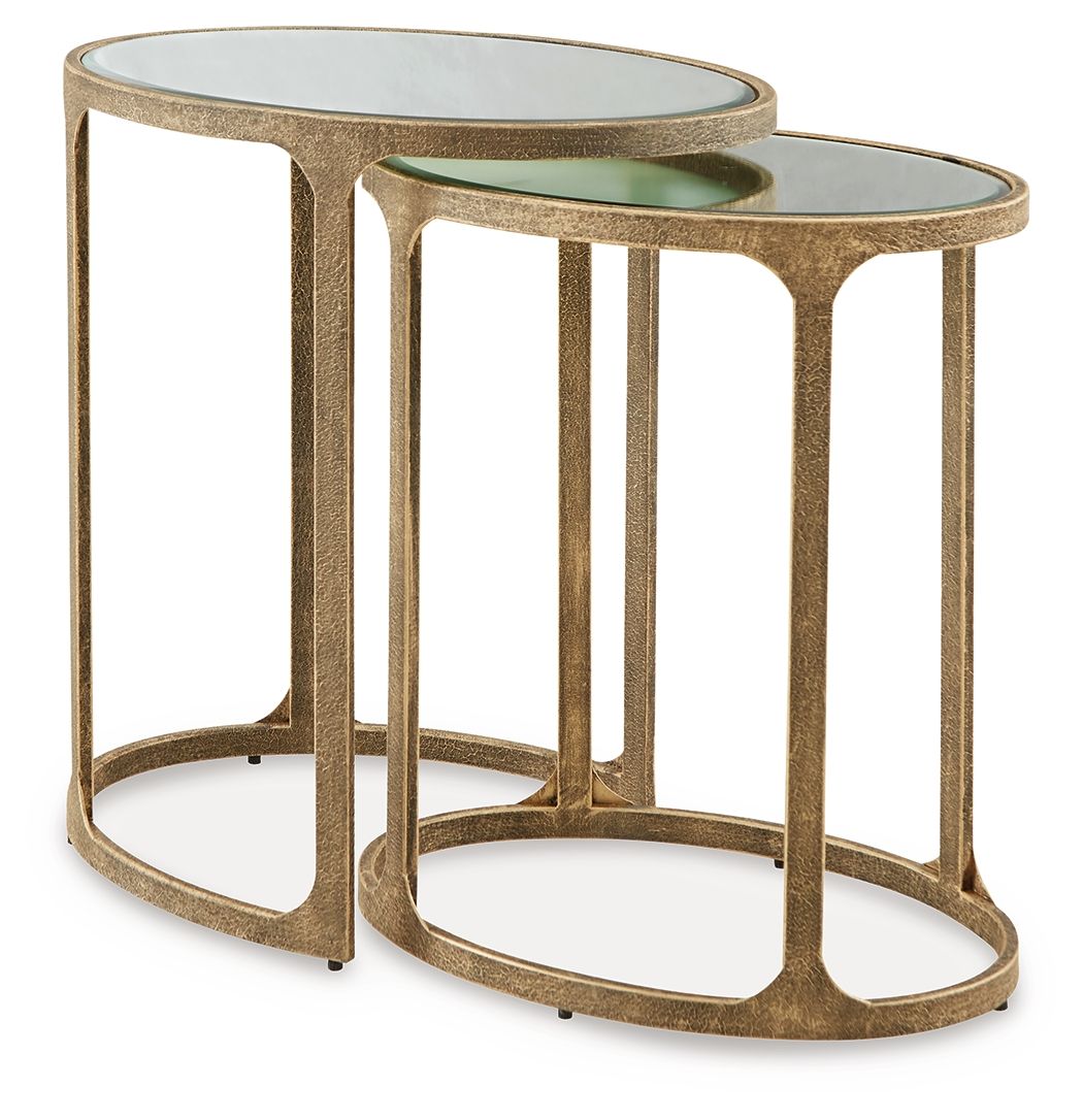 Pair of round accent tables with glass tops, antique black open geometric frames