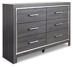 Dark gray dresser cabinet with six drawers and silver bar pulls