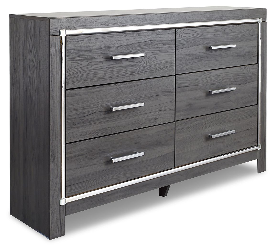 Dark gray dresser cabinet with six drawers and silver bar pulls