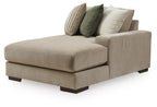 Linenhause corner chaise with beige upholstery, dark legs, squared arm, three pillows