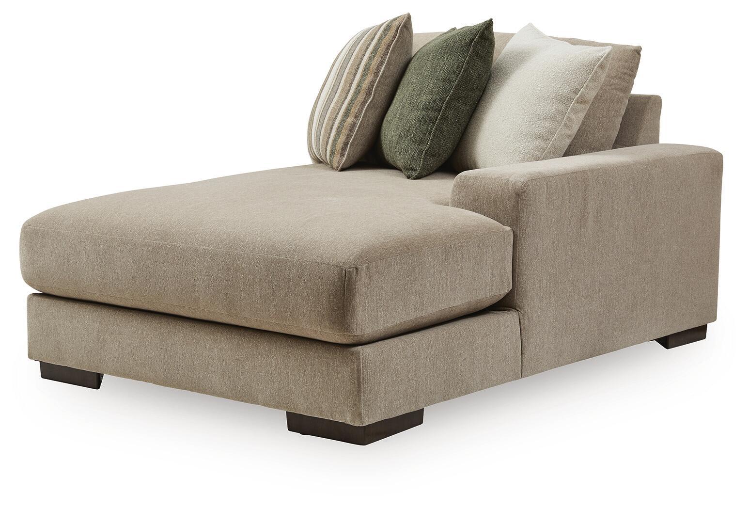 Linenhause corner chaise with beige upholstery, dark legs, squared arm, three pillows