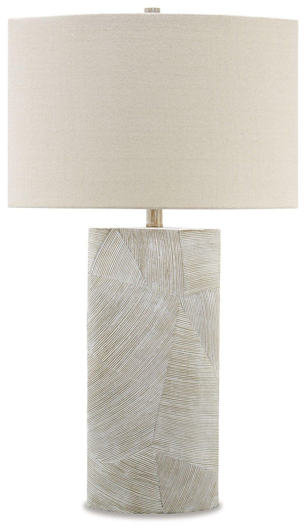 Table lamp with beige fabric shade and textured light-gray poly base