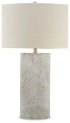 Table lamp with beige fabric shade and textured light-gray poly base