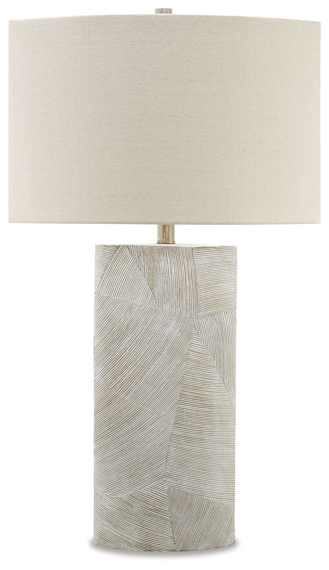 Table lamp with beige fabric shade and textured light-gray poly base