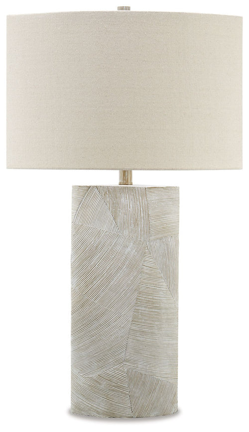 Table lamp with beige fabric shade and textured light-gray poly base