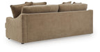 Sofa with light beige upholstery, low arms, and squared back cushions