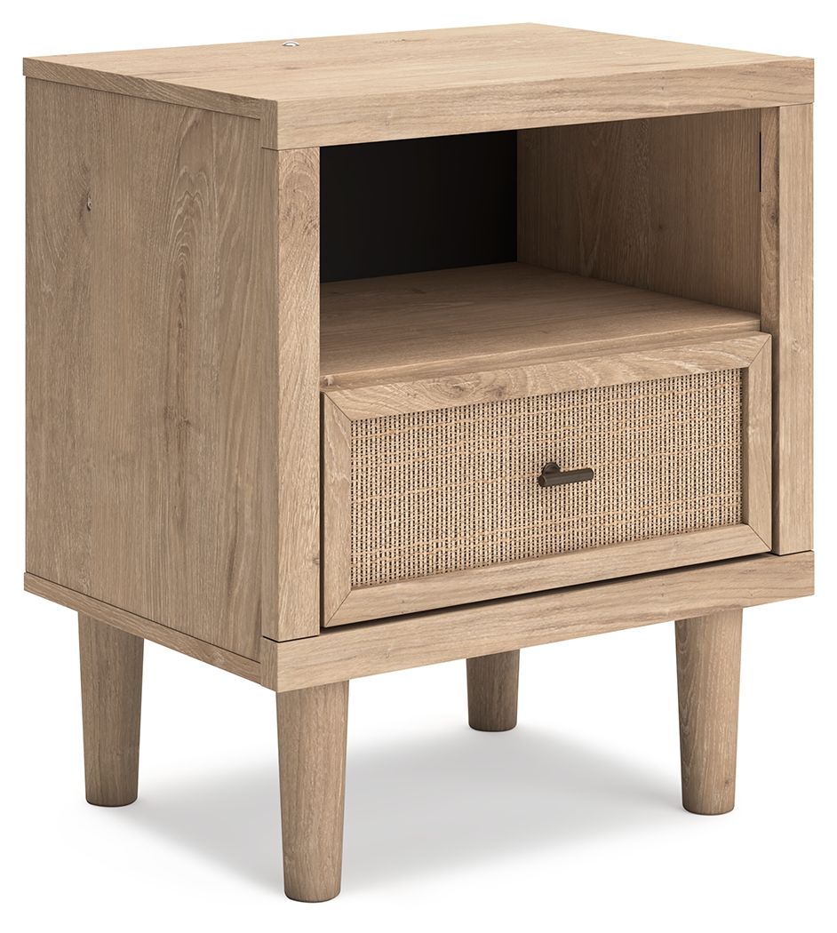 Two-tone night stand with open shelf and one woven drawer, dark handle