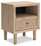 Two-tone night stand with open shelf and one woven drawer, dark handle